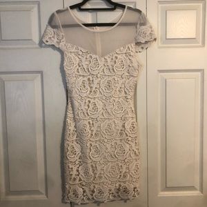 JUST ME Small Ivory Lined Crochet Dress Cap Sleeves Mesh Neckline Mini Dress